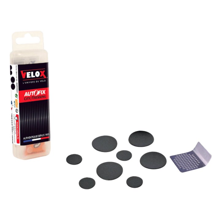 Kit Réparation Chambre A Air Velox Autocollantes - Boite (4 Patchs 25 mm + 4 Patchs 15 mm + Rape Acier) Avec Notice