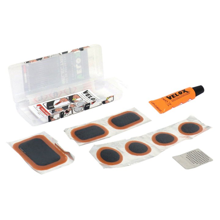 Kit Réparation Chambre A Air Velox Électrique-E-Bike - Boite (6 Patchs 25 mm + 1 Patchs 24-34 mm + 1 Patchs 32-50 mm + Colle 5G + Rape Acier) Avec Notice