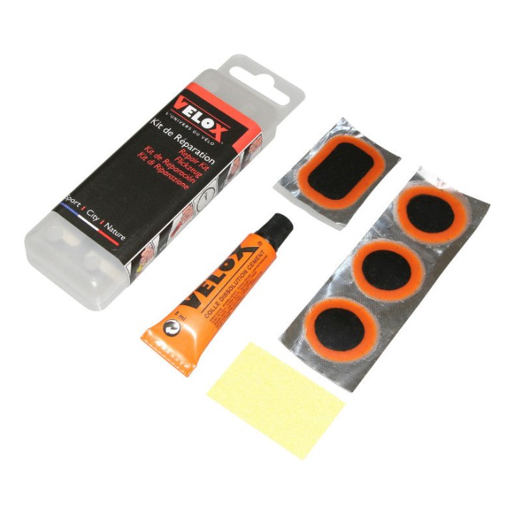 Kit Réparation Chambre A Air Velox VTT Renforcé - Boite (8 Patchs 25 mm + 2 Patchs 35X25 mm + 1 Pacth 50X30 mm + Colle 5G + Rape Acier) Avec Notice