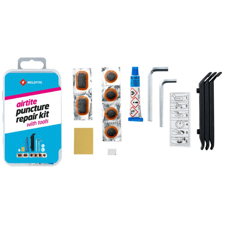 Kit Réparation Chambre A Air Weldtite VTT Avec Outils - Boite (4 Patchs 18 mm + 2 Patchs 28X18 mm + Colle 5G + Papier Ponce + Craie + 3 Demontes Pneus + 2 Clés Allen 5 Et 6 mm) Avec Notice