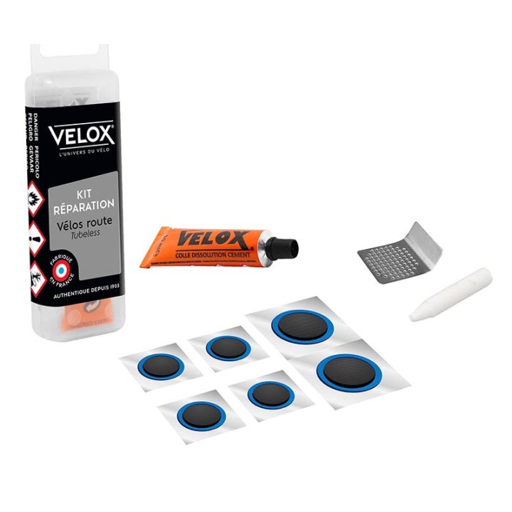 Kit Réparation Pneu Tubeless Route Velox Par L'Intérieur Avec Rustines - Boite (Colle 5Ml + 4 Patchs 16 mm + 2 Patchs 25 mm + 1 Rape Métal)
