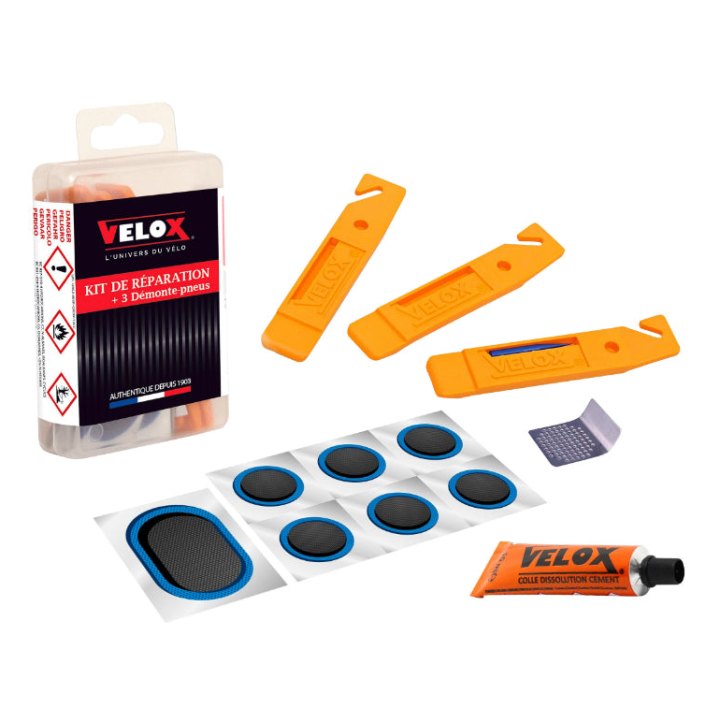 Kit Réparation Chambre A Air Velox City-VTC - Boite (3 Démonte Pneu + 6 Patch 25 mm + 1 Patch 50X25 mm + Colle 10G + Rape Acier) Avec Notice (Offre Spéciale)
