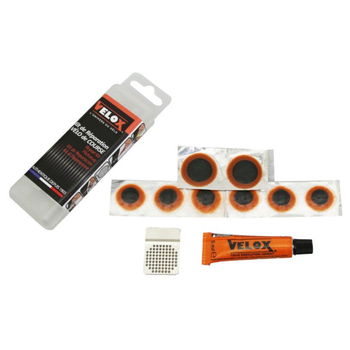 Kit Réparation Chambre A Air Velox Route - Boite (6 Patchs 15 mm + 2 Patchs 25 mm + Colle 5G + Rape Acier) Avec Notice