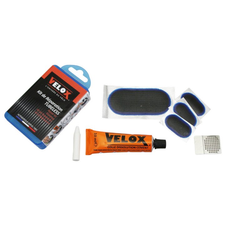 Kit Réparation Pneu Tubeless VTT - Gravel Velox Par L'Intérieur Avec Rustines - Boite (3 Patchs 32X16 mm + 1 Patch 75X35 mm + Colle 10G + Rape Acier) Avec Notice