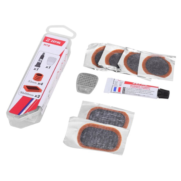 Kit Réparation Pneu Tubeless VTT Zefal Par L'Intérieur Avec Rustines - Boite (4 Patchs 33 mm + 2 Patchs 50X30 mm + Colle 5G + Rape Acier) Avec Notice