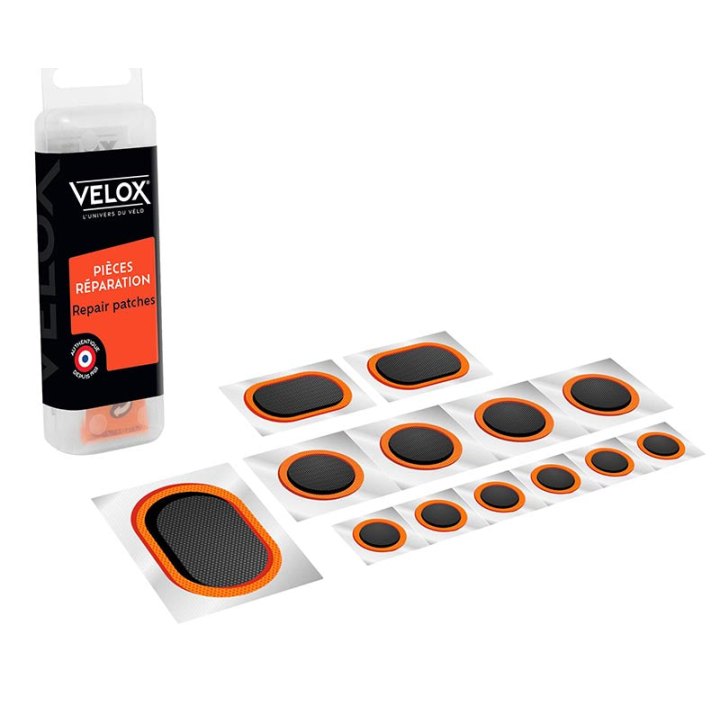 Kit Réparation Chambre A Air Velox Route Autocollantes - Boite (6 Patchs 15 mm + 4 Patchs 25 mm + 2 Patchs 24X34 mm + 1 Patch 32X50 mm)