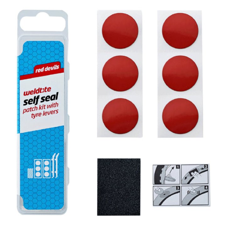 Kit Réparation Chambre A Air Weldtite Red Devils Avec Rustines Autocollantes-Autoadhesives Rouges - Boite (6 Rustines Autoadhesives 25 mm + Papier Ponce) Avec Notice