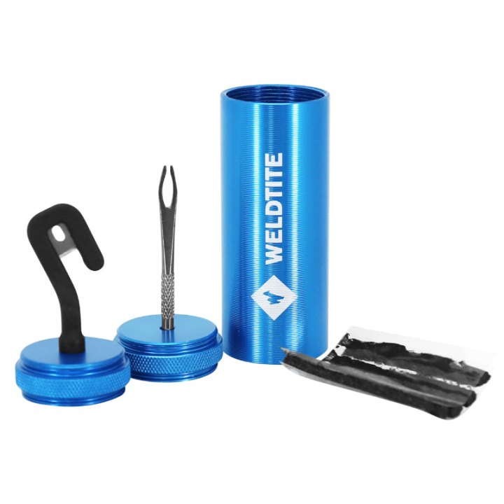 Kit Réparation Pneu Tubeless VTT Weldtite Par L'Extérieur Dans Box (5 Meches + Lime + Aiguille + Cutter)