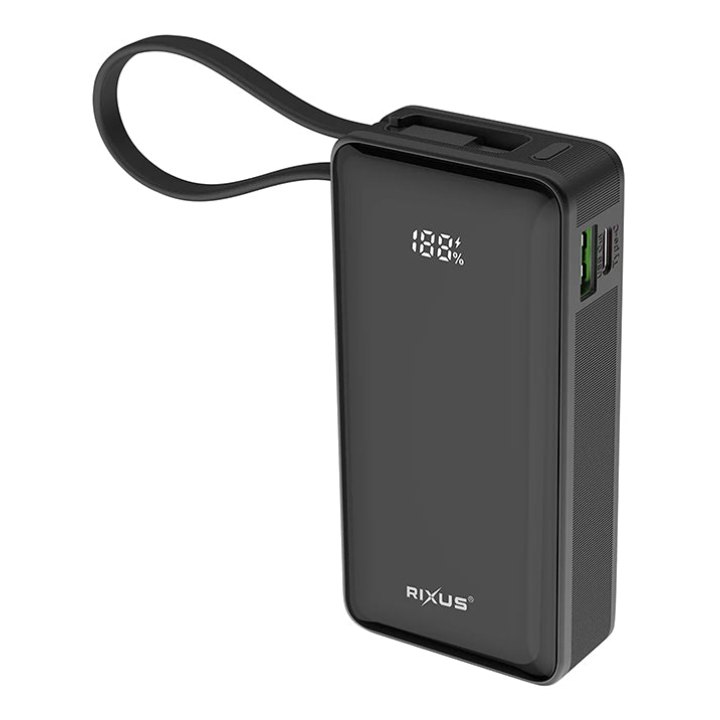 Batterie Externe Power Bank Rixus 10000 Mah 5V Noir Avec Indicateur De Batterie, Sangle De Transport Compatible Usb-C - Usb-A -Rxbp01B-
