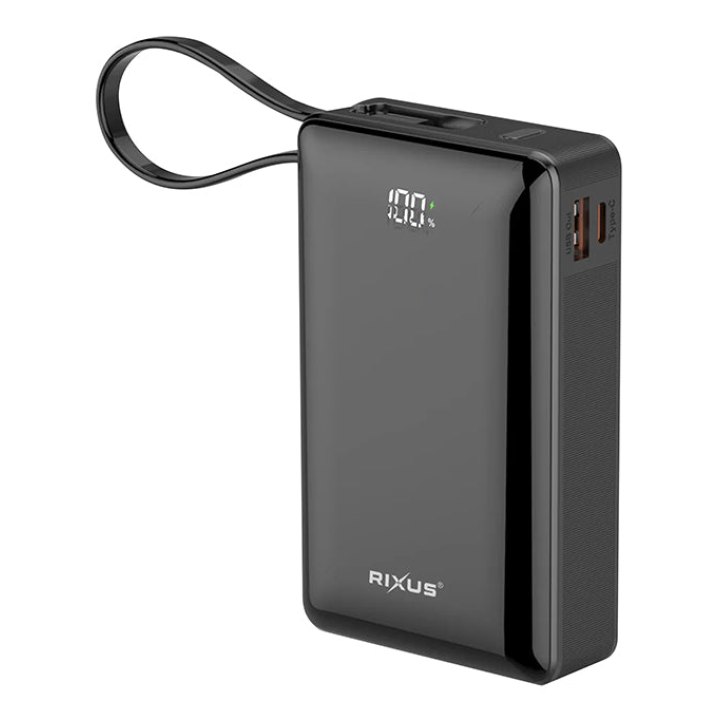 Batterie Externe Power Bank Rixus 20000 Mah 5V Noir Avec Indicateur De Batterie, Sangle De Transport Compatible Usb-C - Usb-A -Rxbp02-
