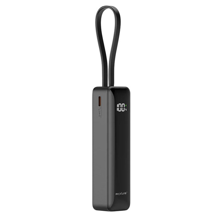 Batterie Externe Power Bank Rixus 5000 Mah 5V Noir Avec Indicateur De Batterie, Sangle De Transport Compatible Usb-C - Usb-A -Rxpb03-
