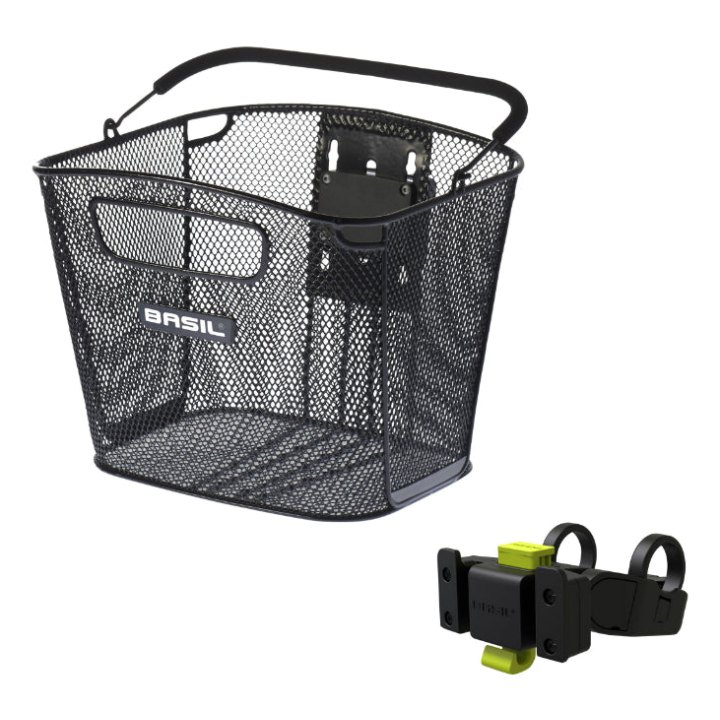 Panier Avant Acier Nid Abeille Basil Bold Noir (28X34X26 cm) -Vendu Avec Fixation Klickfix Spécial VAE - E-Bike Largeur 80 mm Mini Compatible Leader Fox