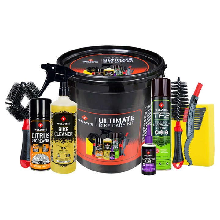 Pack-Kit Bike Care Ultimate Weldtite Entretien (Contient 3 Brosses Cadre-Pneu-Cassette-Chaîne-Nettoyant-Spray Dégraissant-Spay Lubrifiant Tf2 Céramique-Lubrifiant All Weather-Seau-Eponge)