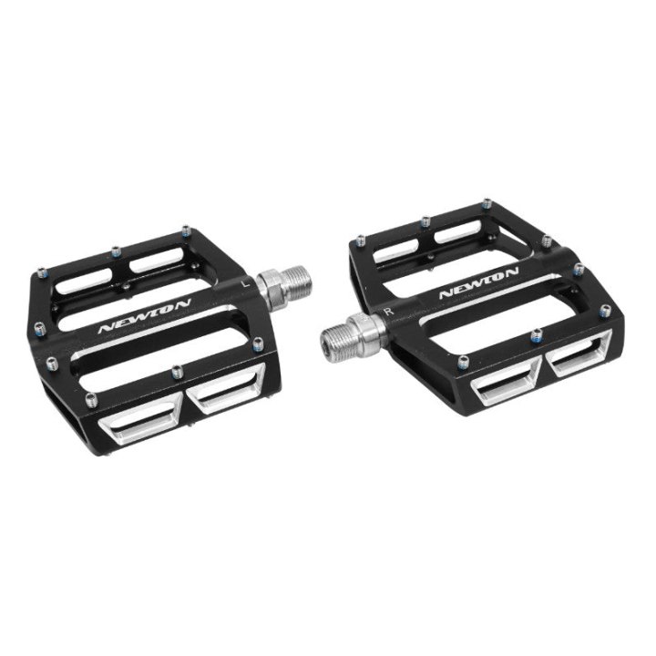 Pédale VTT Plateforme Descente - BMX Newton Noir A Roulements Alu Cnc Filetage 9-16 Avec Picots Argent (Paire) 108X98 mm