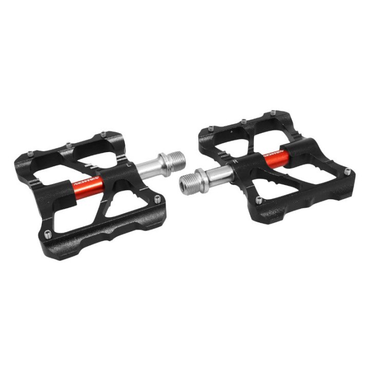 Pédale VTT Plateforme Descente - BMX Newton Noir Axe Rouge A Roulements Alu Cnc Filetage 9-16 Avec Picots Argent (Paire)