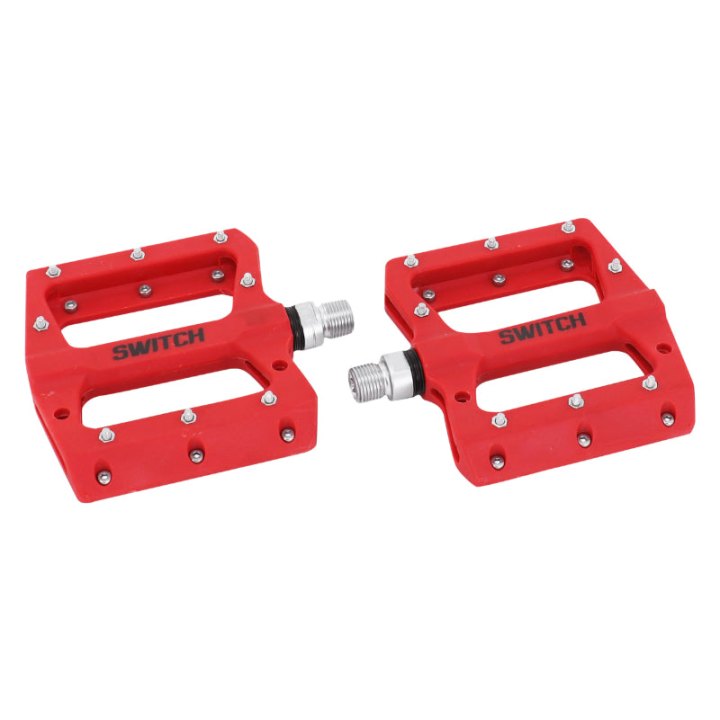 Pédale VTT Plateforme Descente - BMX Switch Jump Résine Rouge Filetage 9-16 Avec Picots Argent (Paire)
