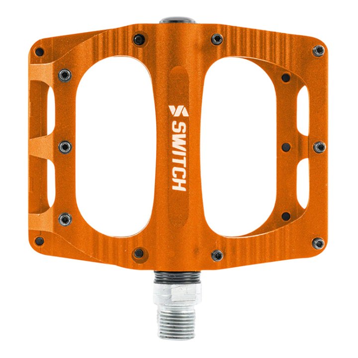 Pédale VTT Plateforme Descente - BMX Switch Large Freeride Alu Cnc Orange Filetage 9-16 Avec Picots (Paire) 110X100 mm