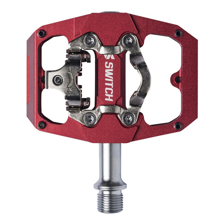 Pédale VTT Plateforme Switch Crank Flip Double Fonction Alu Cnc Rouge Filetage 9-16 Avec Picots (Paire) (Cales Shimano SPD Inclus) 85X70 mm