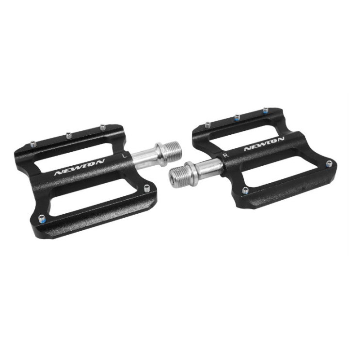 Pédale VTT Plateforme Descente - BMX Newton Noir A Roulements Alu Cnc Filetage 9-16 Avec Picots Argent (Paire) 101X81 mm