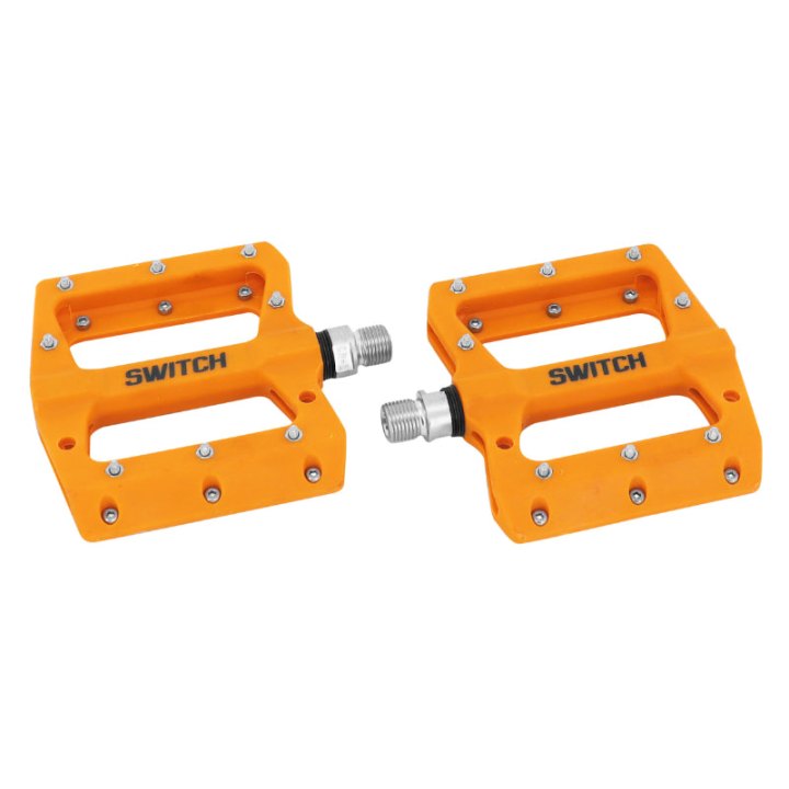 Pédale VTT Plateforme Descente - BMX Switch Jump Résine Orange Filetage 9-16 Avec Picots Argent (Paire)