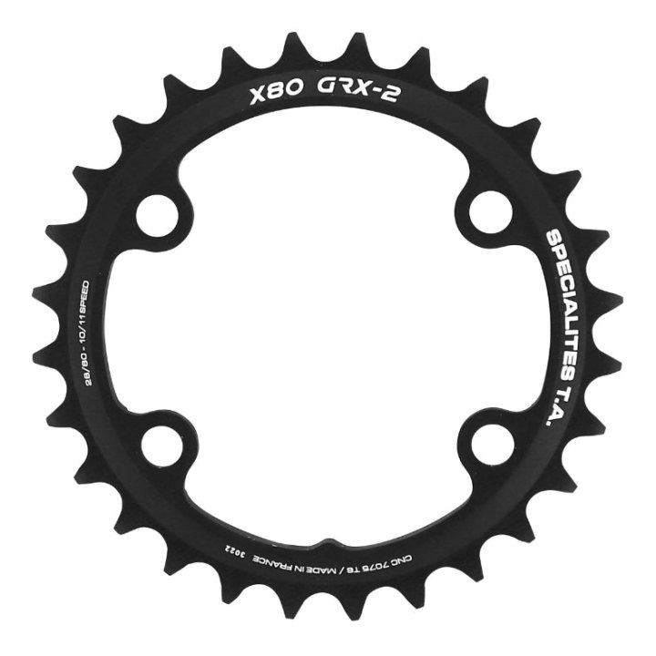 Plateau Gravel 4 branches Ø 80 Pour Shimano Grx Double Ta X80 28 dents Intérieur Compatible Rx600-Rx810 Noir 10-11V.