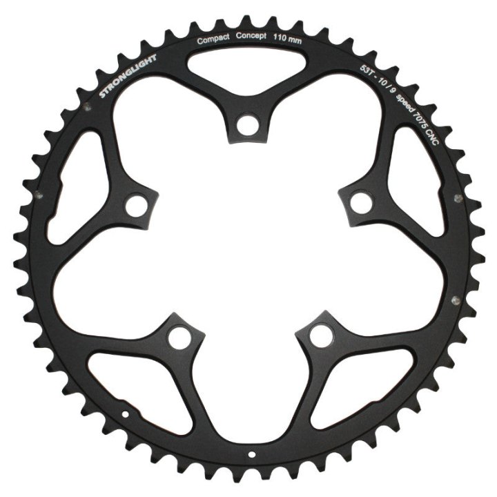 Plateau Route 5 branches Ø 110 Stronglight 53 dents Extérieur Noir Alu 7075 Type Shimano 9-10V.