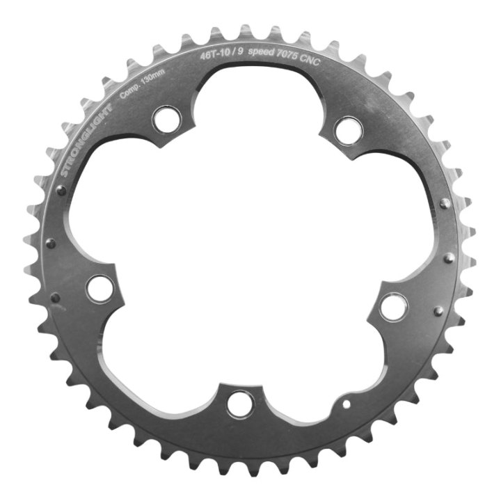 Plateau Route 5 branches Ø 130 Stronglight 46 dents Extérieur Argent Alu 7075 Type Shimano 9-10V.