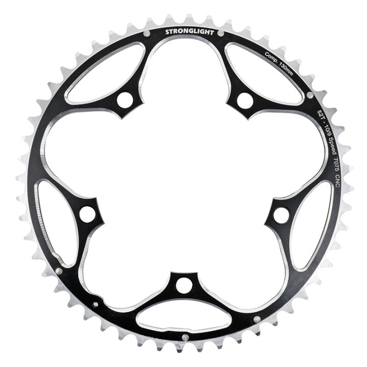 Plateau Route 5 branches Ø 130 Stronglight 52 dents Extérieur Alu Noir-Argent 9-10V.