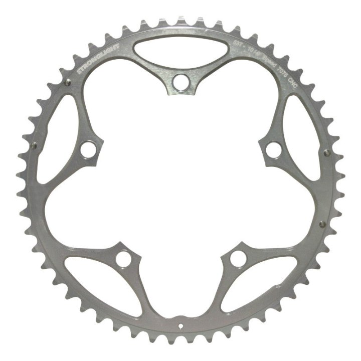 Plateau Route 5 branches Ø 130 Stronglight 53 dents Extérieur Argent Alu 7075 Type Shimano 9-10V.