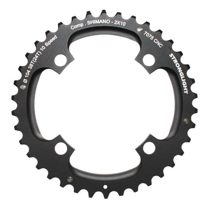 Plateau VTT 4 branches Ø 104 Pour Shimano Stronglight Double 38 dents Extérieur Noir 2X10V. (Sauf Xt-Xtr) Non Filete 10V. - Épaisseur 5 mm