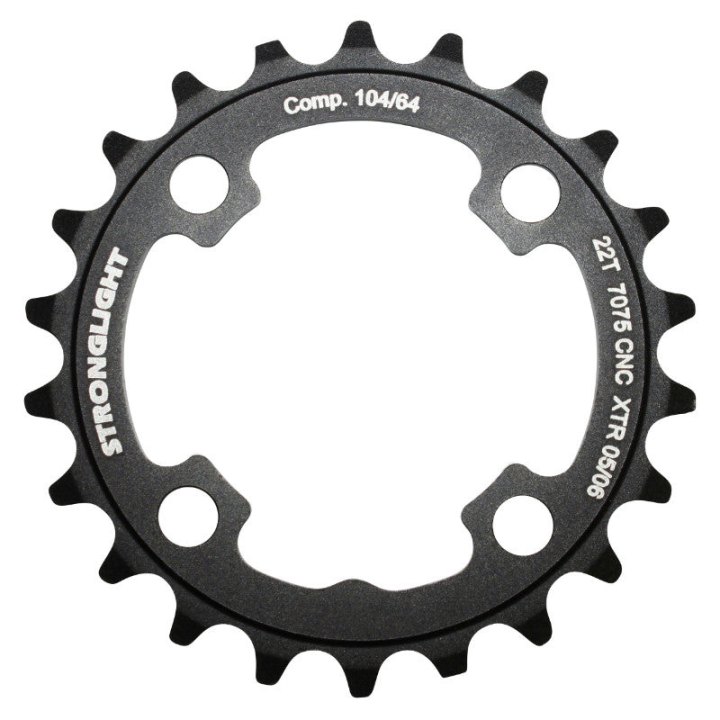 Plateau VTT 4 branches Ø 64 Stronglight 22 dents Intérieur Triple Noir Alu 7075 Compatible Xtr M960 - Épaisseur 4 mm