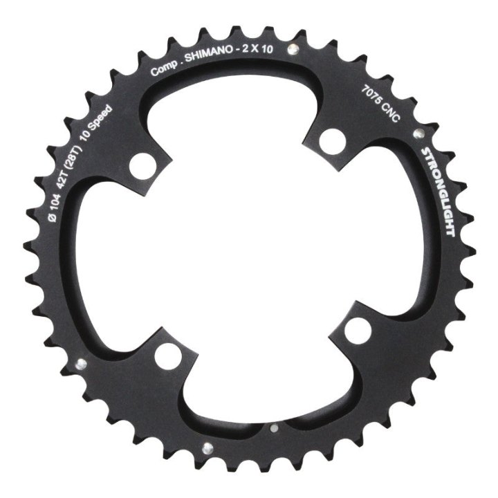 Plateau VTT 4 branches Ø 104 Pour Shimano Stronglight Double 42 dents Extérieur Noir 2X10V. (Sauf Xt-Xtr) Non Filete 10V. - Épaisseur 5 mm