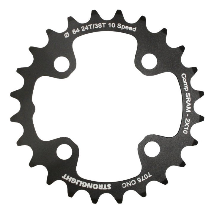 Plateau VTT 4 branches Ø 64 Pour Sram Xo+Shimano (Sauf Xt-Xtr) Stronglight Double 24 dents Intérieur Noir Non Filete 10V. - Épaisseur 3.5 mm