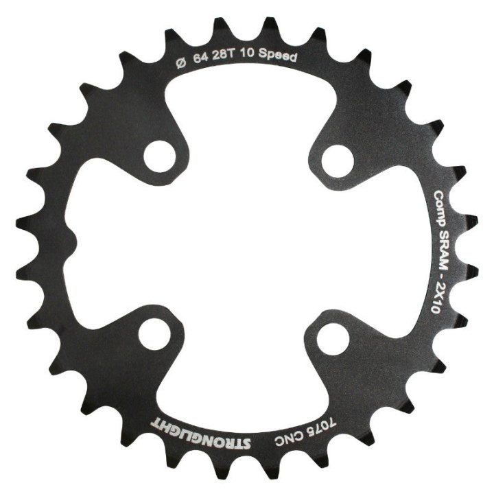 Plateau VTT 4 branches Ø 64 Pour Sram Xo+Shimano (Sauf Xt-Xtr) Stronglight Double 28 dents Intérieur Noir Non Filete 10V. - Épaisseur 3.5 mm