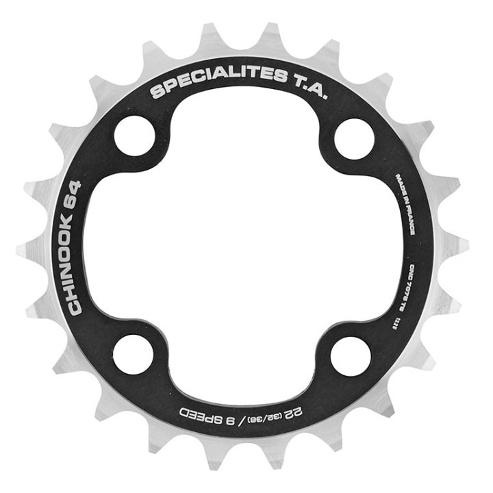 Plateau VTT 4 branches Ø 64 Ta Chinook 22 dents Intérieur Double-Triple Noir Alu Pour Shimano - Sram - Fsa 9V.