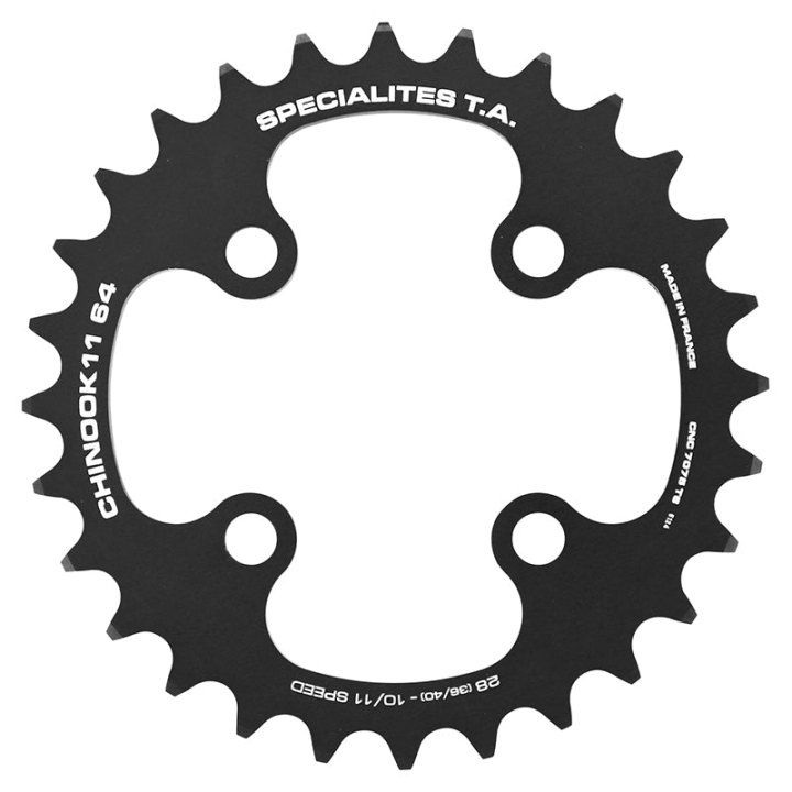 Plateau VTT 4 branches Ø 64 Ta Chinook 28 dents Intérieur Double Noir Alu Pour Shimano - Sram - Race Face - Fsa 10-11V.