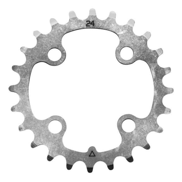 Plateau VTT 4 branches Ø 64 Stronglight 24 dents Triple Intérieur Argent Acier 8-9V.