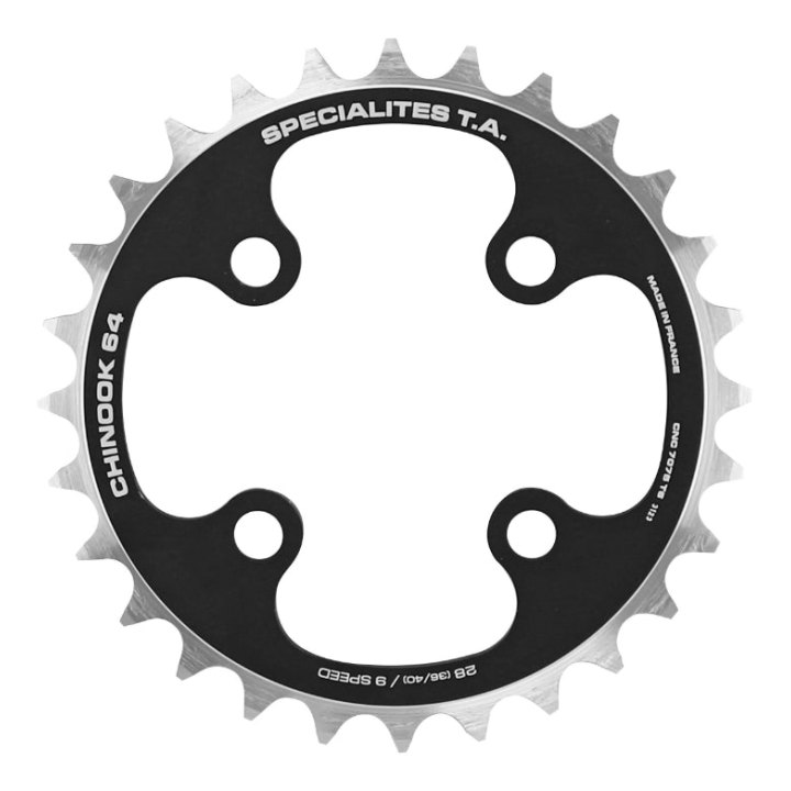Plateau VTT 4 branches Ø 64 Ta Chinook 28 dents Intérieur Triple Noir Alu Pour Shimano - Sram - Fsa 9V.