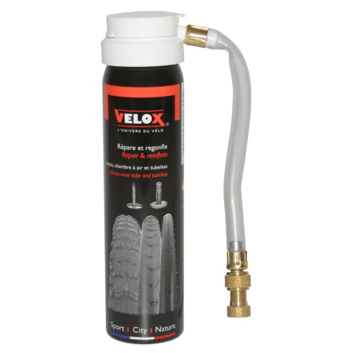 Bombe Anti-Crevaison Velox Chambre - Boyau - Pneu Tubeless Presta-Schrader (75Ml)