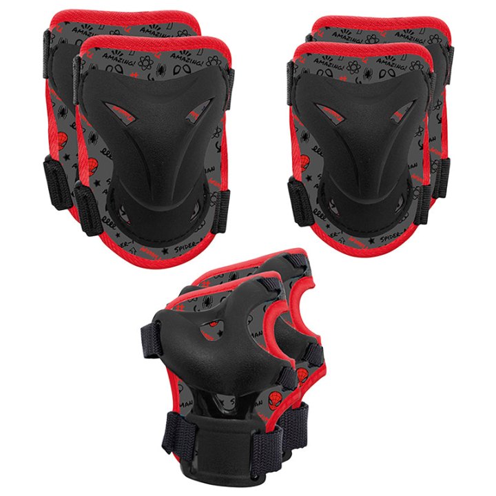 Protection Genouilleres - Coudieres Et Poignets Disney Spider Man Noir-Rouge (Kit 6 Pieces) Pour Vélo - Roller - Skate