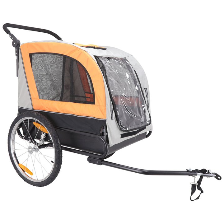 Remorque Vélo Utilitaire Maxi 40Kg Colori Orange-Gris Fond Rigide (Dimensions L 134 X L 57.5 X H 95 cm) Avec Roues 20" X 2.4 Fixation Axe De Roue - Pour Transport Animaux - Remorque Livree Avec Bache
