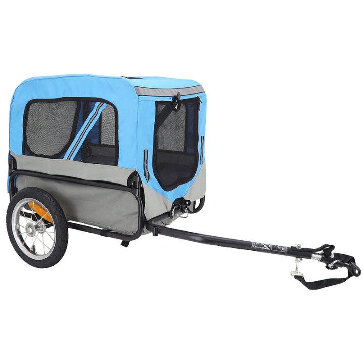 Remorque Vélo Utilitaire Maxi 30Kg Colori Bleu-Gris Avec Roues 12" Fixation Axe De Roue Arrière - Pour Transport Chien-Bagage - 2 Ouvertures (Avant+Arrière) + Bras (L 130 cm X L 73 cm X H 94 cm)
