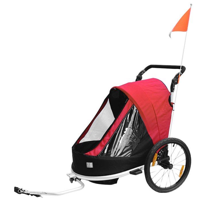 Remorque Vélo Enfant - Poussette Couverte 2 Places En Alu Maxi 36Kg Colori Rouge Avec Roues 20" -Fixation Axe De Roue - Livre Avec Roue Avant Et Poignée Frein - Pliable Sans Outil - L0.80M X L0.70M