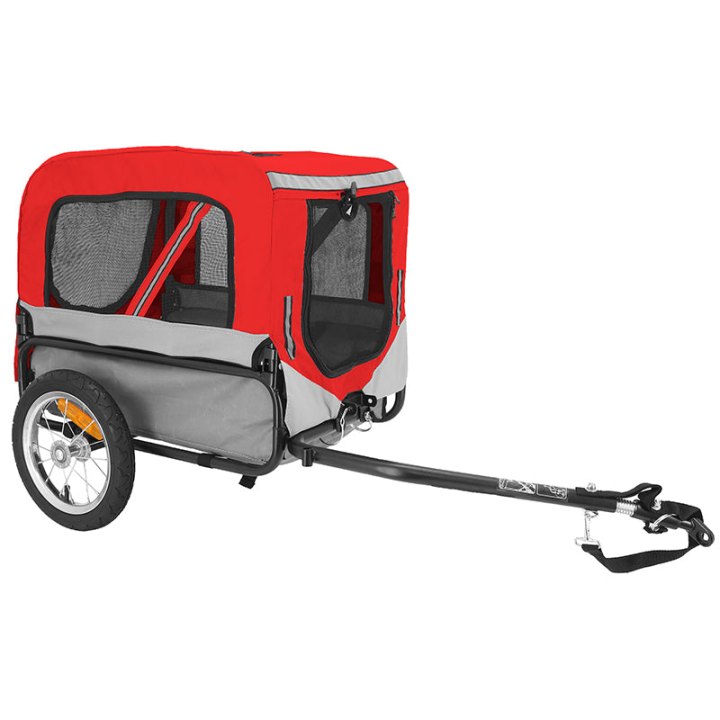 Remorque Vélo Utilitaire Maxi 30Kg Colori Rouge-Gris Avec Roues 12" Fixation Axe De Roue Arrière - Pour Transport Chien-Bagage - 2 Ouvertures (Avant+Arrière) + Bras (L 63 cm X L 42 cm X H 47 cm)