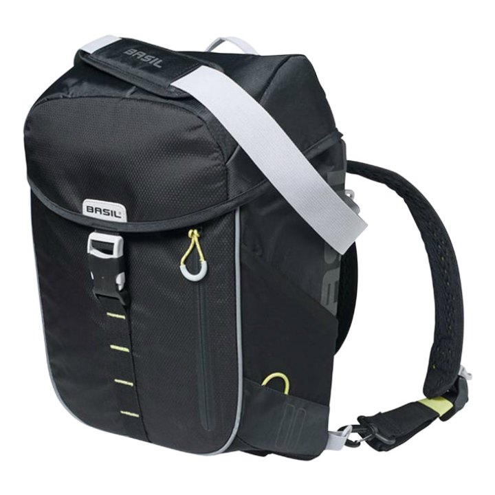 Sacoche Arrière Sac A Dos Vélo Laterale Basil Miles Daypack Droit-Gauche Systeme Fixation Hook-On Waterproof 17L Noir Liseret Jaune Fluo (Bandouliere + Sac A Dos) (31X17X44 cm)