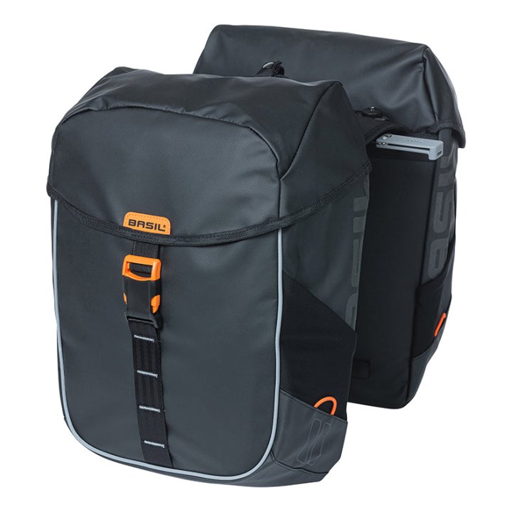 Sacoche Arrière Vélo Double Basil Miles Waterproof 34L Noir-Orange Pour Systeme Mik 2.0 Sur Porte Bagage (Compatible Avec 211726 Inclus) (37X13X25 cm)