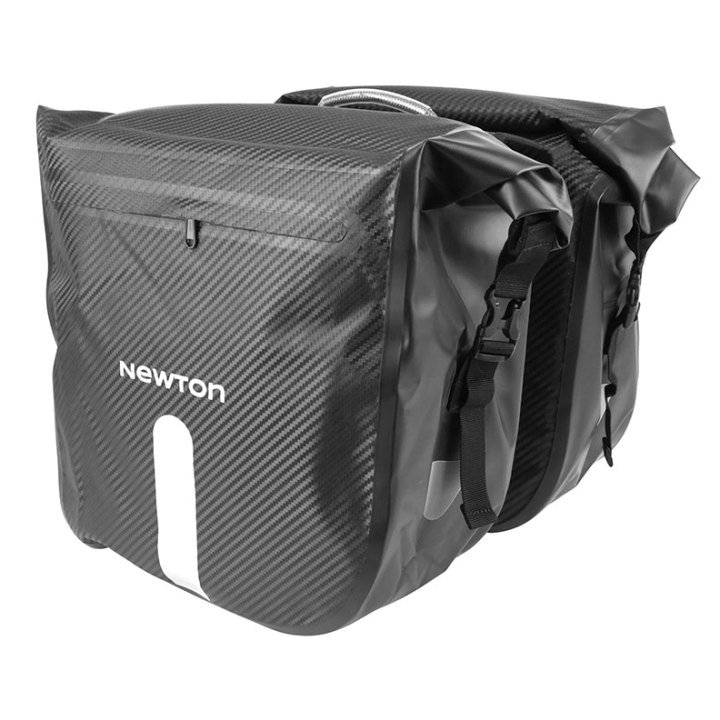 Sacoche Arrière Vélo Double Newton Noir Effet Carbone 25L Fixation Sangles Velcro Sur Porte Bagage (56X30X15 cm) Fermeture Pliant Anti-Pluie