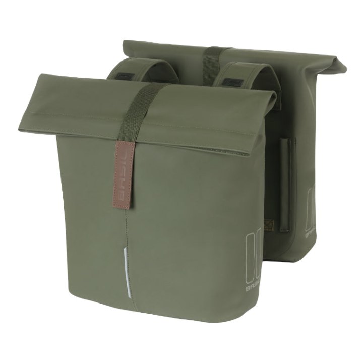 Sacoche Arrière Vélo Double Basil Vegan Vert Imitation Cuir 28-32L Fixation Universelle Porte Bagage Fermeture Pliant Anti-Pluie Avec Reflechissant