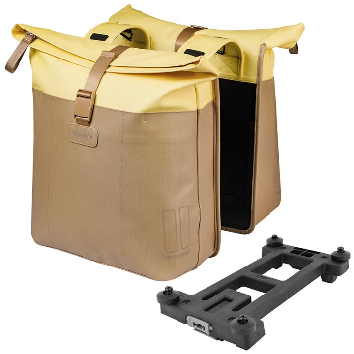 Sacoche Arrière Vélo Double Basil Vive Sable - Jaune 28-35L Fixation Porte Bagage Fixation Systeme Mik (Compatible Avec 211726 Inclus) (30X18X49 cm) Fermeture Pliant Anti-Pluie