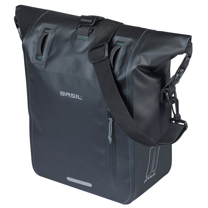 Sacoche Arrière Vélo Laterale Basil Rivo Waterproof 12-15L Noir Fixation Mik Hooks Sur Porte Bagage (38X14X25 cm) Avec Poignée Et Bandouillere Fermeture Enroulement